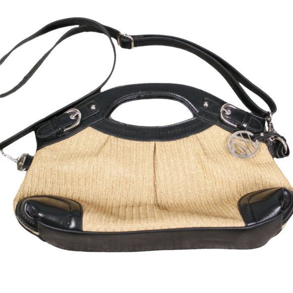 Style & Co Black Tan Straw Faux Vegan Leather Shoulder Handbag Clutch‎ Purse Bag